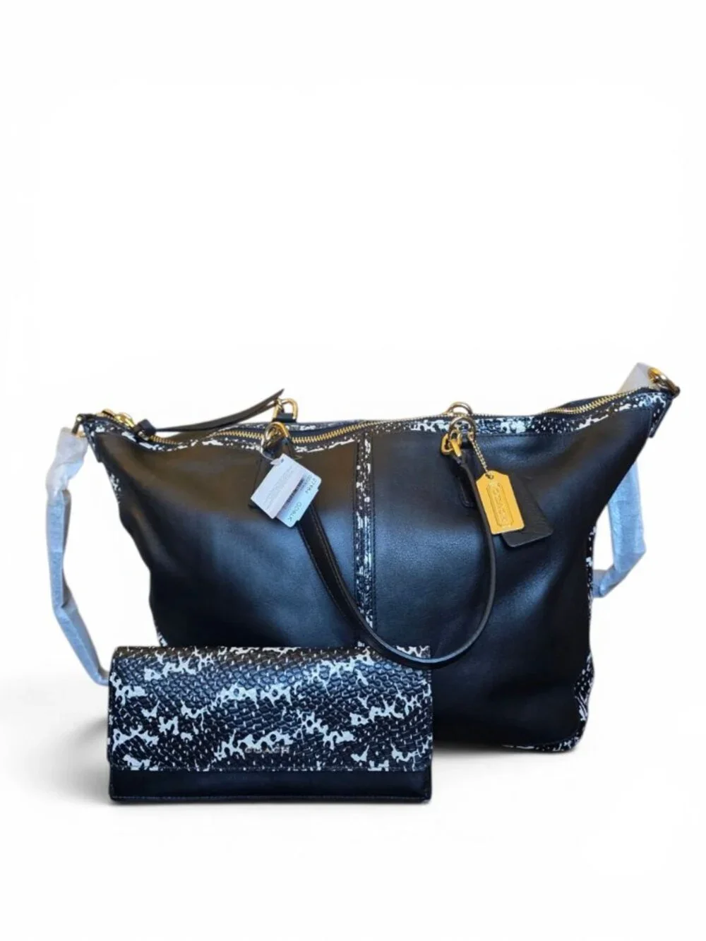 NWT Coach Bleecker Cooper Satchel Wallet Set Two Tone Python Leather 27984 BLK